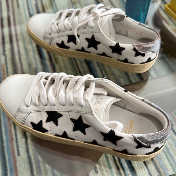 Saint Laurent Paris Court Classic White Leather Silver Star Sneakers - Picture 5 of 11
